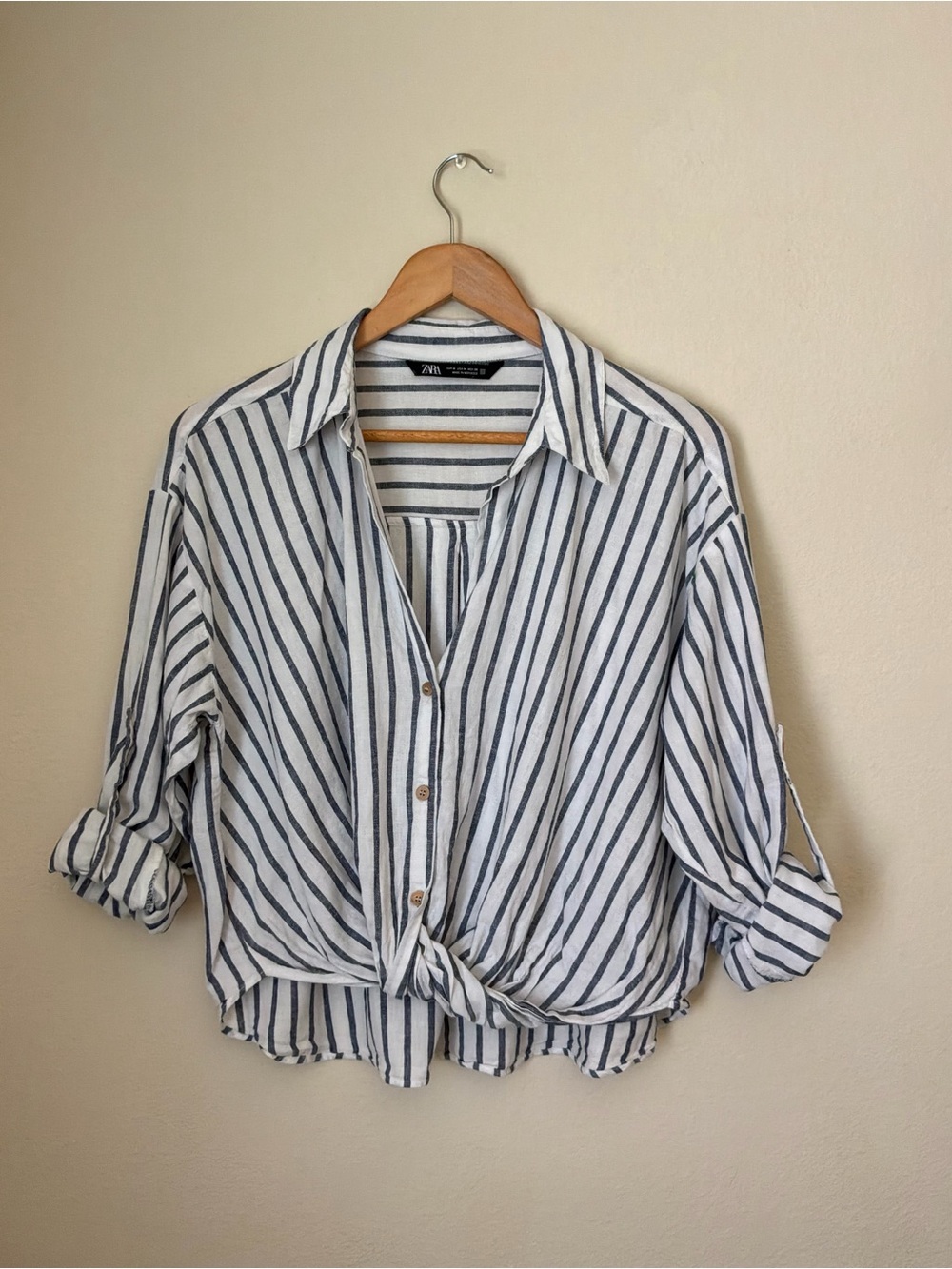 Zara Striped Roll Up Sleeves Shirt with front Twist - Picture 3 of 7